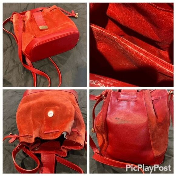 Authentic Vintage Courreges Red Suede Leather Draw String Bucket Bag Purse - Picture 5 of 16